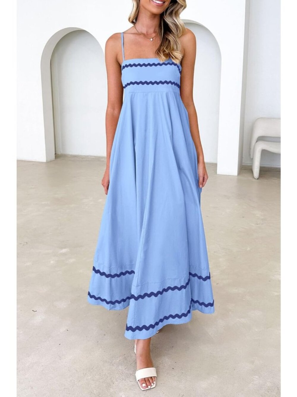Women's Light Blue Sleeveless Square Neck High Waist Pocket Imported Maxi Dress - Picture 5 of 6